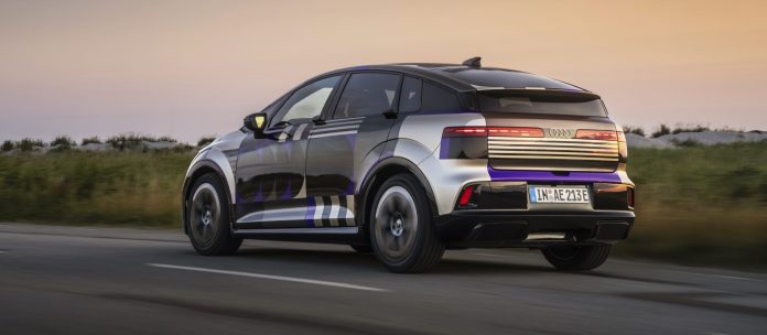 Audi A2 e-tron with design livery Audi A2 e-tron with design foil, outdoor driving shot, exterior, three-quarter rear view